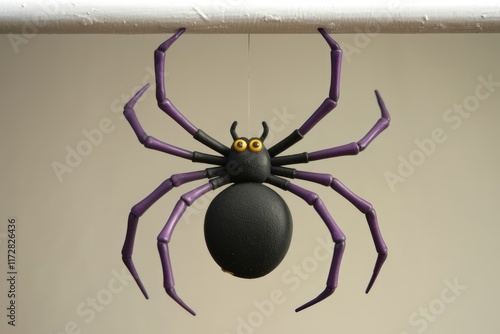 A black spider with purple legs hangs from a white ceiling. photo