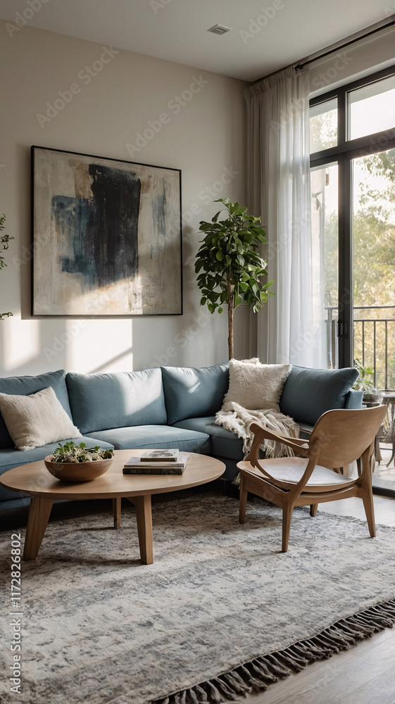 Fototapeta premium Timeless rural home living room with neutral sofa large windows and soft wool rug beneath furniture