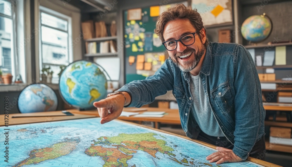 Geography teacher pointing at world map in classroom Geography teacher pointing at world map in classroom
