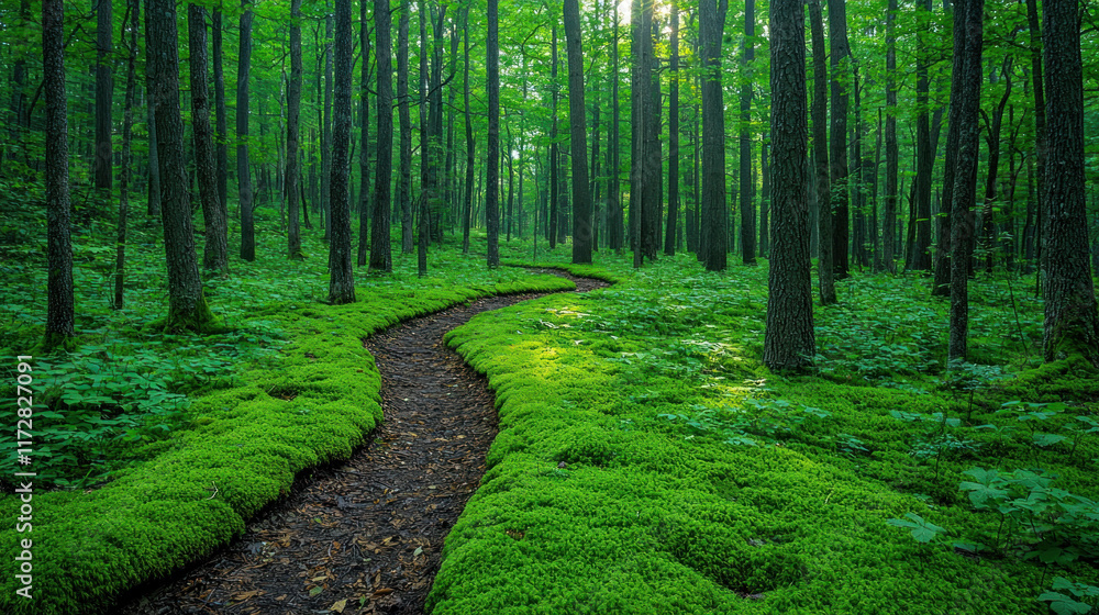 Obraz premium Winding moss path in sunlit forest