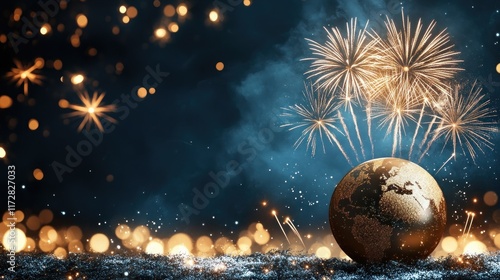 Golden globe with fireworks celebrating New Year's Eve.