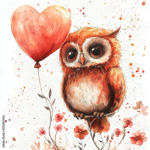 Cute owl holding heart-shaped balloon in colorful whimsical illustration with flowers on a textured background photo