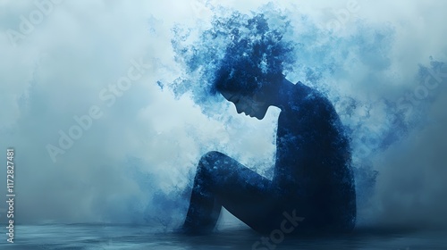 A poignant depiction of solitude and emotional turmoil, rendered in shades of blue, symbolizing a profound sense of sadness and isolation. depression symptoms