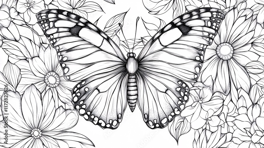 Fototapeta premium Intricate black and white illustration of a butterfly surrounded by blooming flowers, showcasing delicate details and artistry.
