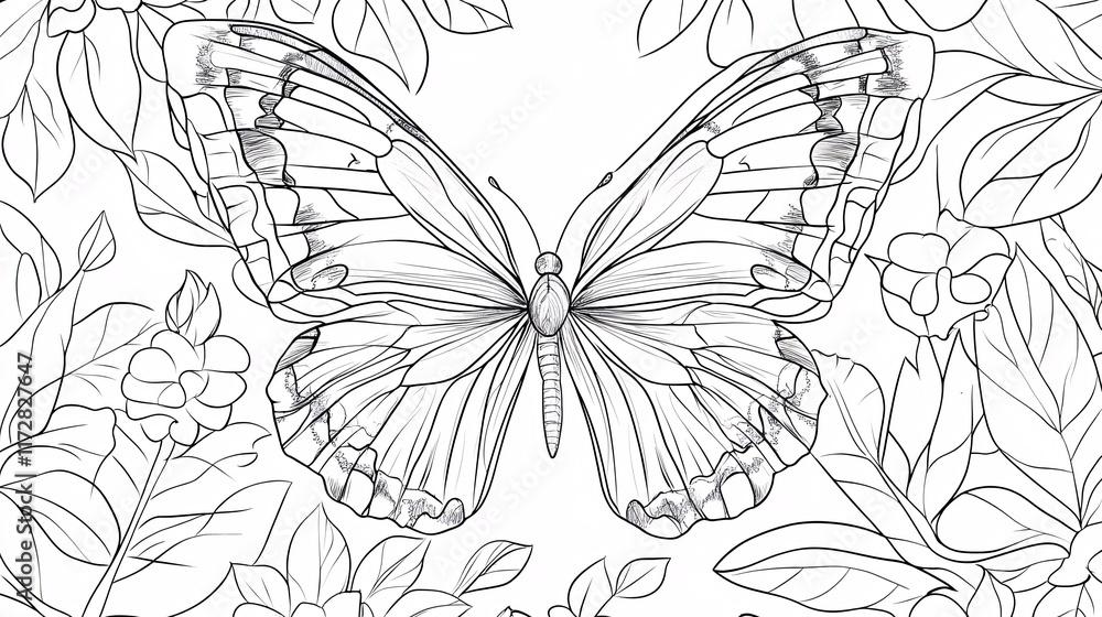 Obraz premium Intricate line art of a butterfly surrounded by delicate floral patterns.