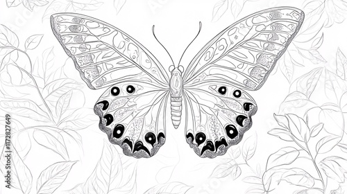 Wallpaper Mural Intricate black and white illustration of a butterfly surrounded by delicate leaves. Torontodigital.ca