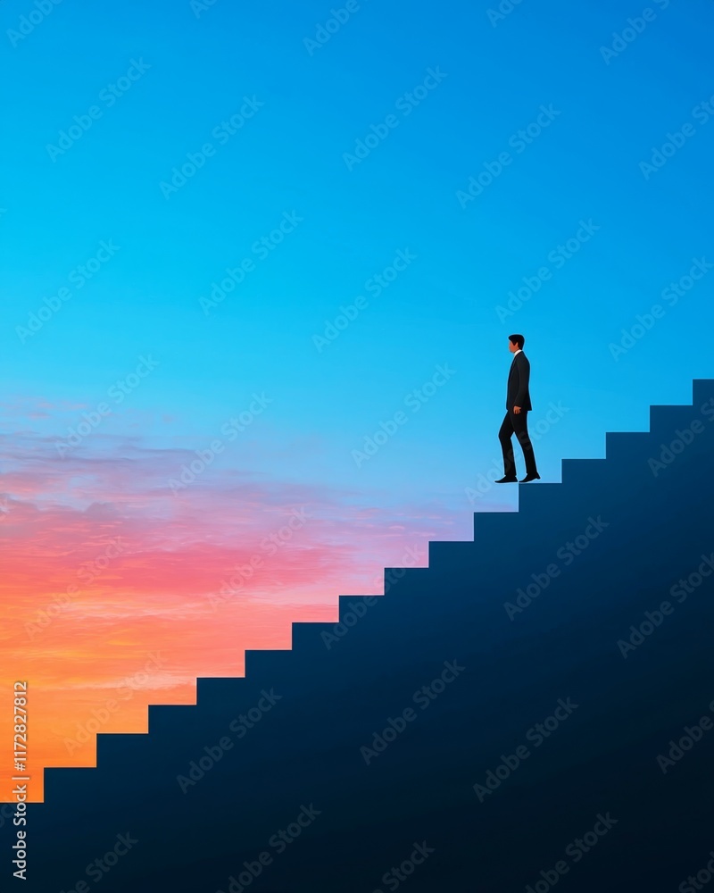 Climbing the Staircase of Goals - Silhouette of Person Symbolizing Ambition and Progress Climbing the Staircase of Goals - Silhouette of Person Symbolizing Ambition and Progress