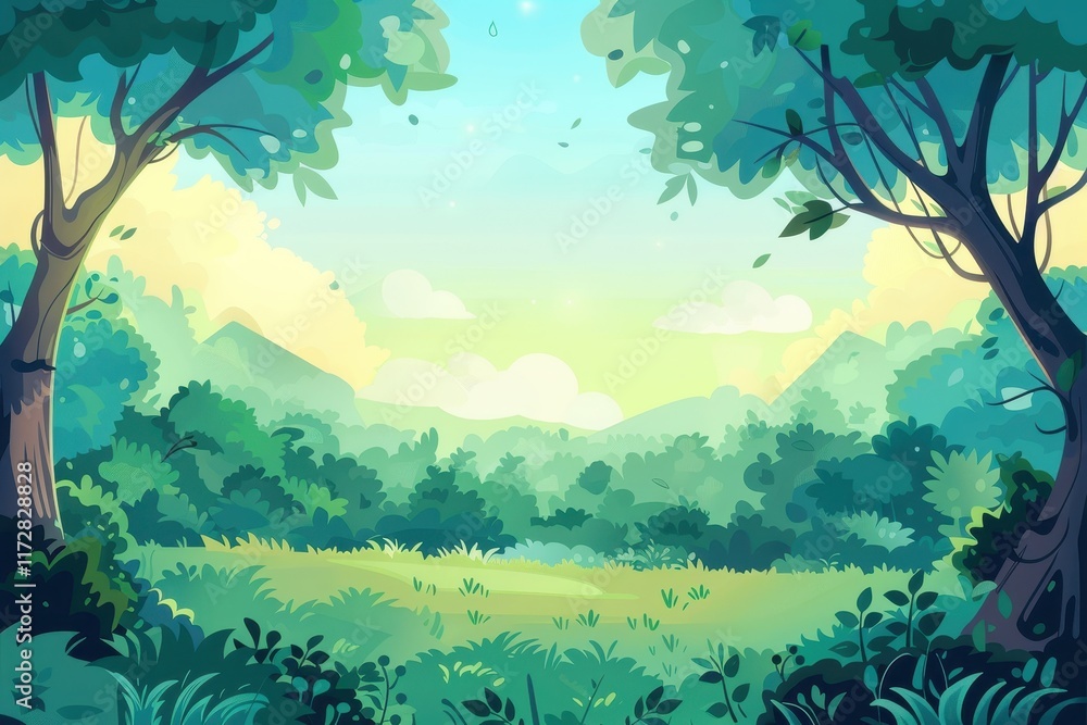 Fototapeta premium A Lush Green Forest Scene with a Mountain View and Sunlight Streaming Through the Trees