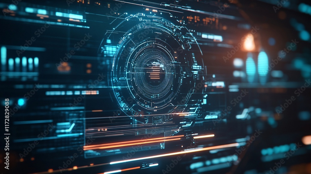 Futuristic digital interface showcasing intricate technology in vibrant blue and orange tones.