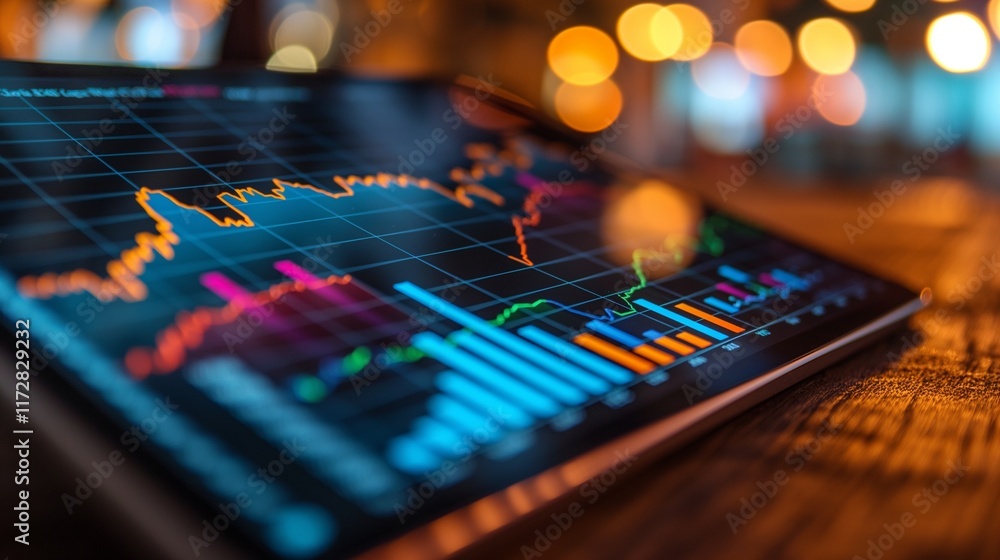 A tablet displaying a financial chart lies on a table. A tablet displaying a financial chart lies on a table.