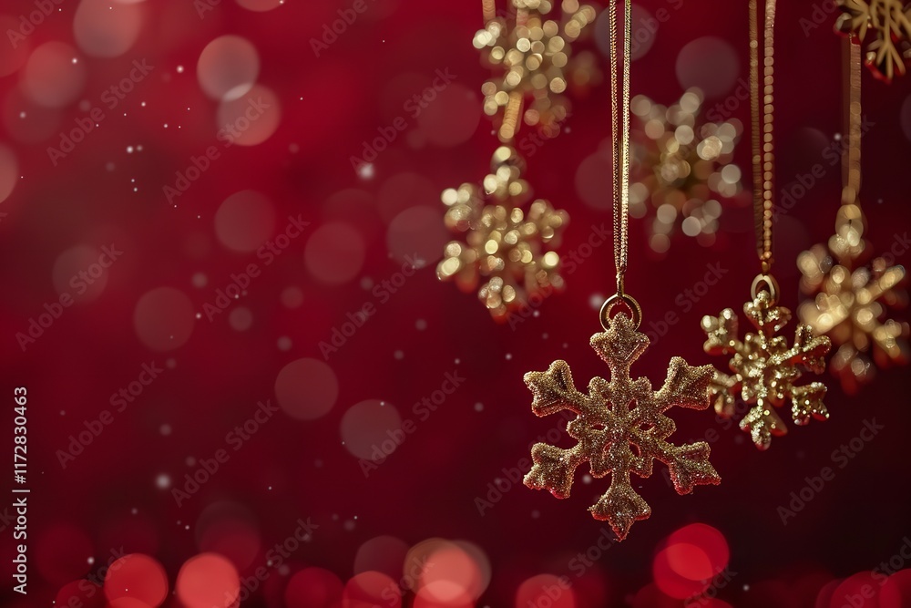 An up-close perspective on golden snowflakes lying on a red foreground with plenty of background content area, Generative AI. An up-close perspective on golden snowflakes lying on a red foreground with plenty of background content area, Generative AI.