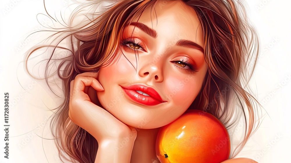 A beautiful young woman with long hair holds a vibrant orange apple, exuding a fresh and playful vibe. A beautiful young woman with long hair holds a vibrant orange apple, exuding a fresh and playful vibe.