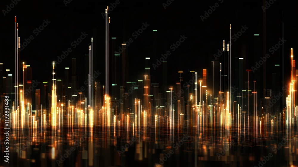 Abstract digital landscape featuring vibrant, glowing lines in varied heights against a dark background. Abstract digital landscape featuring vibrant, glowing lines in varied heights against a dark background.