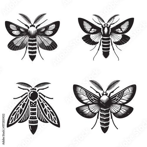 Majestic Silhouettes of the Virginia Ctenucha Moth Elegantly Isolated on a Crisp White Background in Monochrome Art Style"