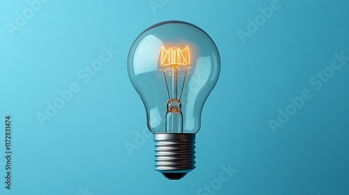 Glowing Edison Bulb: Vibrant 3D Render on Serene Blue Background. AI Generated