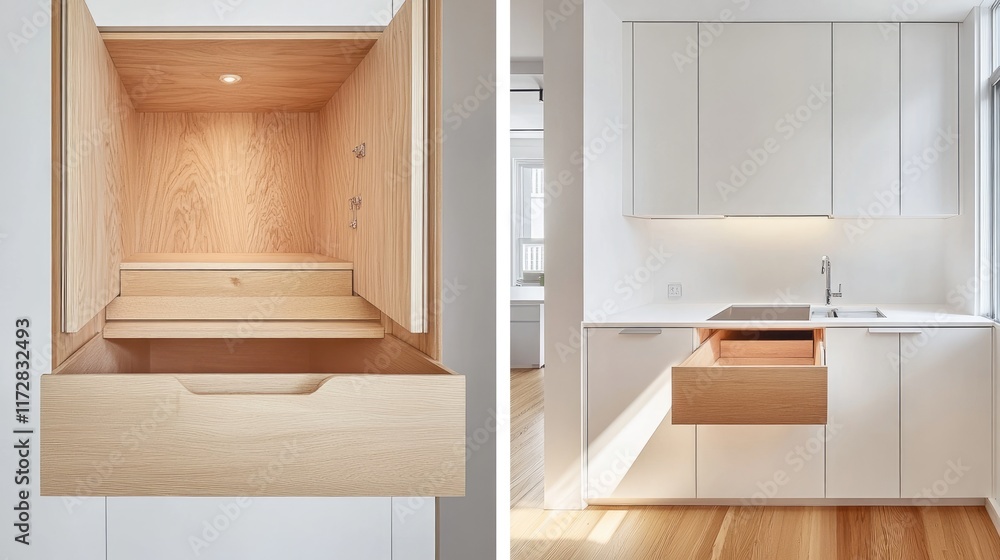 Fototapeta premium A built-in storage cabinet with hidden compartments in a modern, minimalist home.