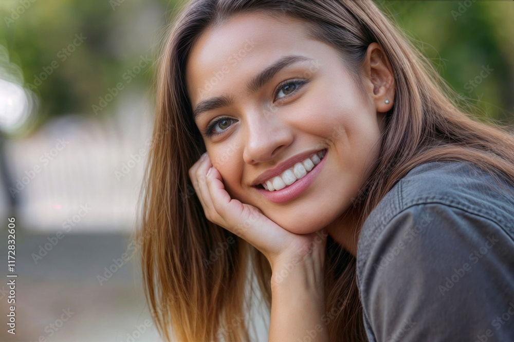 Face of beautiful Hispanic woman with long brown hair and a big smile. She is wearing a black shirt and is leaning on her arm Face of beautiful Hispanic woman with long brown hair and a big smile. She is wearing a black shirt and is leaning on her arm