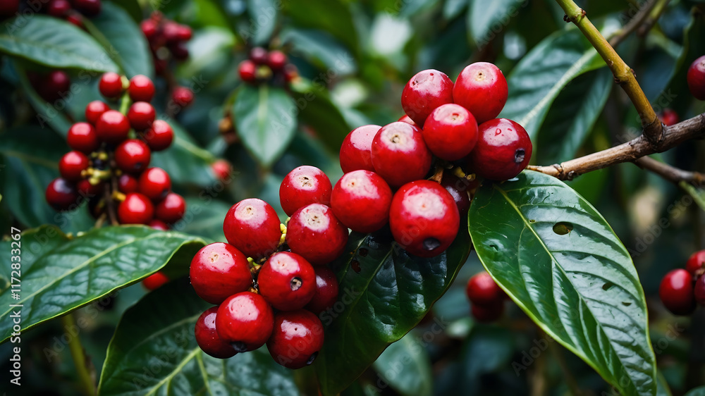 Ripe coffee cherries against vibrant green leaves, suitable for coffee plantation, agriculture, and botanical themes in design and marketing Ripe coffee cherries against vibrant green leaves, suitable for coffee plantation, agriculture, and botanical themes in design and marketing