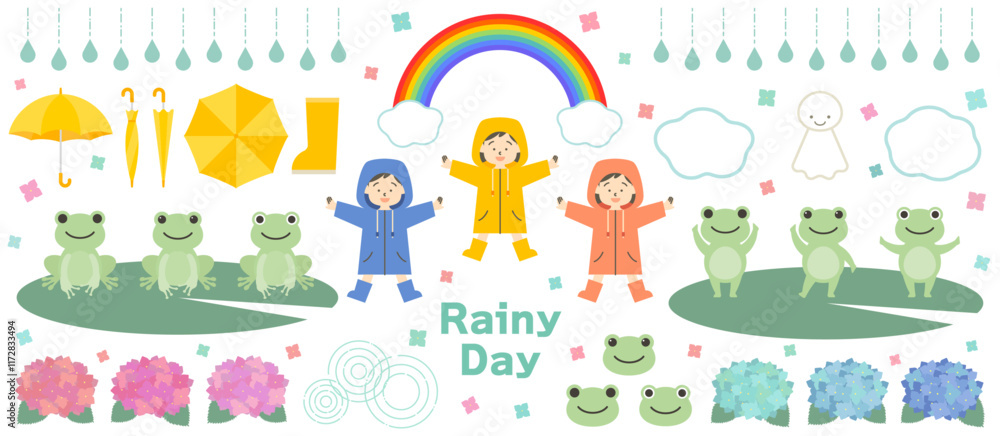 梅雨・雨の日のベクターイラスト素材セット 傘 レインコート 蛙 カエル てるてる坊主 紫陽花あじさい 梅雨・雨の日のベクターイラスト素材セット 傘 レインコート 蛙 カエル てるてる坊主 紫陽花あじさい