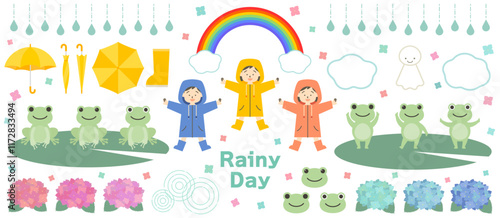 梅雨・雨の日のベクターイラスト素材セット 傘 レインコート 蛙 カエル てるてる坊主 紫陽花あじさい
