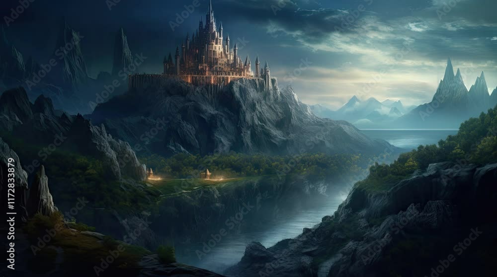 A view of a mysterious building on top of the mountains. 4k animated video