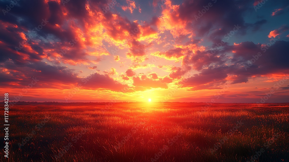 Fototapeta premium Fiery Sunset Over Grassland Field Landscape
