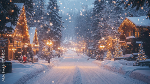 A winter holiday scene with a snow-covered village, festive lights, and holiday shoppers