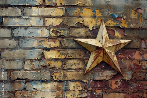 Rusty metal star is adding a touch of rustic charm to a weathered brick wall photo