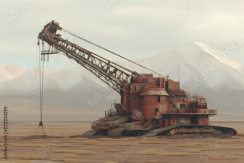 Rusty relic of industrial past; colossal crane abandoned in desolate landscape, mountains in the background. photo