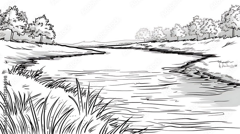 Fototapeta premium riverbend line art black white background