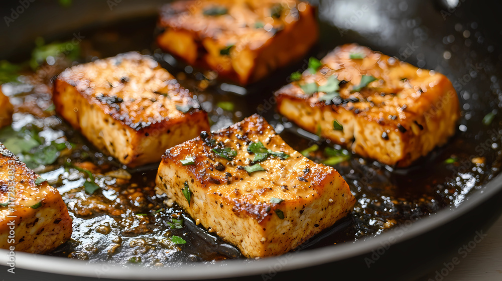 Crispy Tofu Prepared in a Non-stick Skillet for a Healthy Meal Crispy Tofu Prepared in a Non-stick Skillet for a Healthy Meal