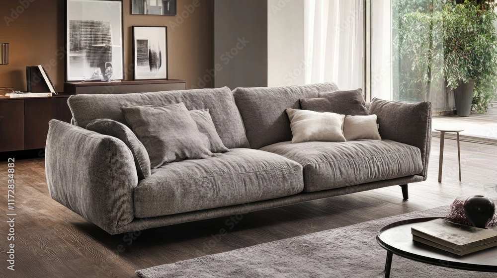 A cozy, modern living room with a fabric sofa, plush cushions, and wooden flooring. A cozy, modern living room with a fabric sofa, plush cushions, and wooden flooring.