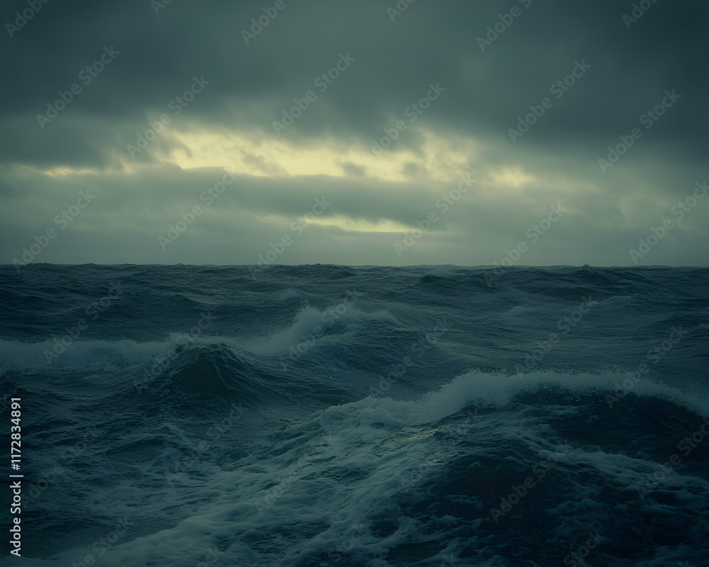 Fototapeta premium Dramatic stormy sea, dark ocean waves crashing under a brooding sky. Perfect for illustrating concepts of power, nature, or uncertainty.