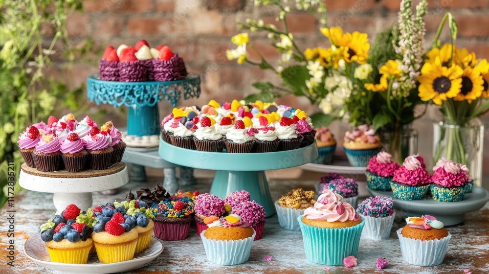 A display counter filled with cakes, muffins, and other sweet treats in a cafe. A display counter filled with cakes, muffins, and other sweet treats in a cafe.