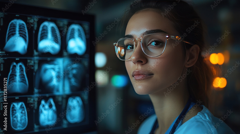 An X-ray technician analyzing images of a patient chest in a darkroom An X-ray technician analyzing images of a patient chest in a darkroom