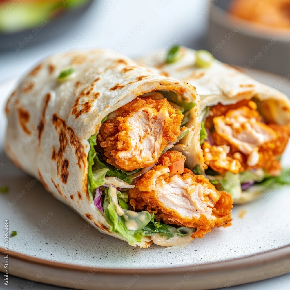 Crispy chicken wrap with fresh vegetables and creamy sauce on a plate Crispy chicken wrap with fresh vegetables and creamy sauce on a plate
