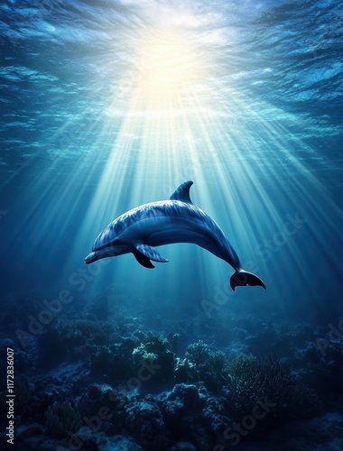 A serene underwater scene features a dolphin swimming gracefully amidst vibrant coral, illuminated by sunbeams penetrating the ocean's surface, capturing the essence of marine beauty and tranquility.
