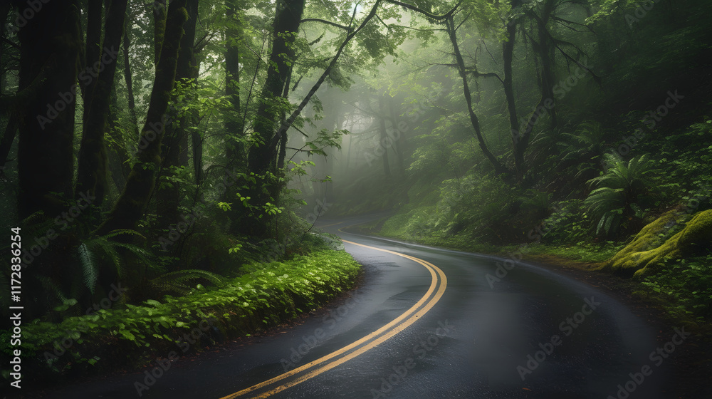 Obraz premium a winding road in the middle of a forest