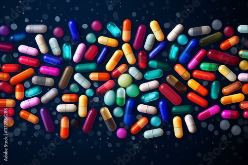 Multicolored pills and capsules forming a horizontal banner on a dark background with bokeh effect, representing pharmaceutical products