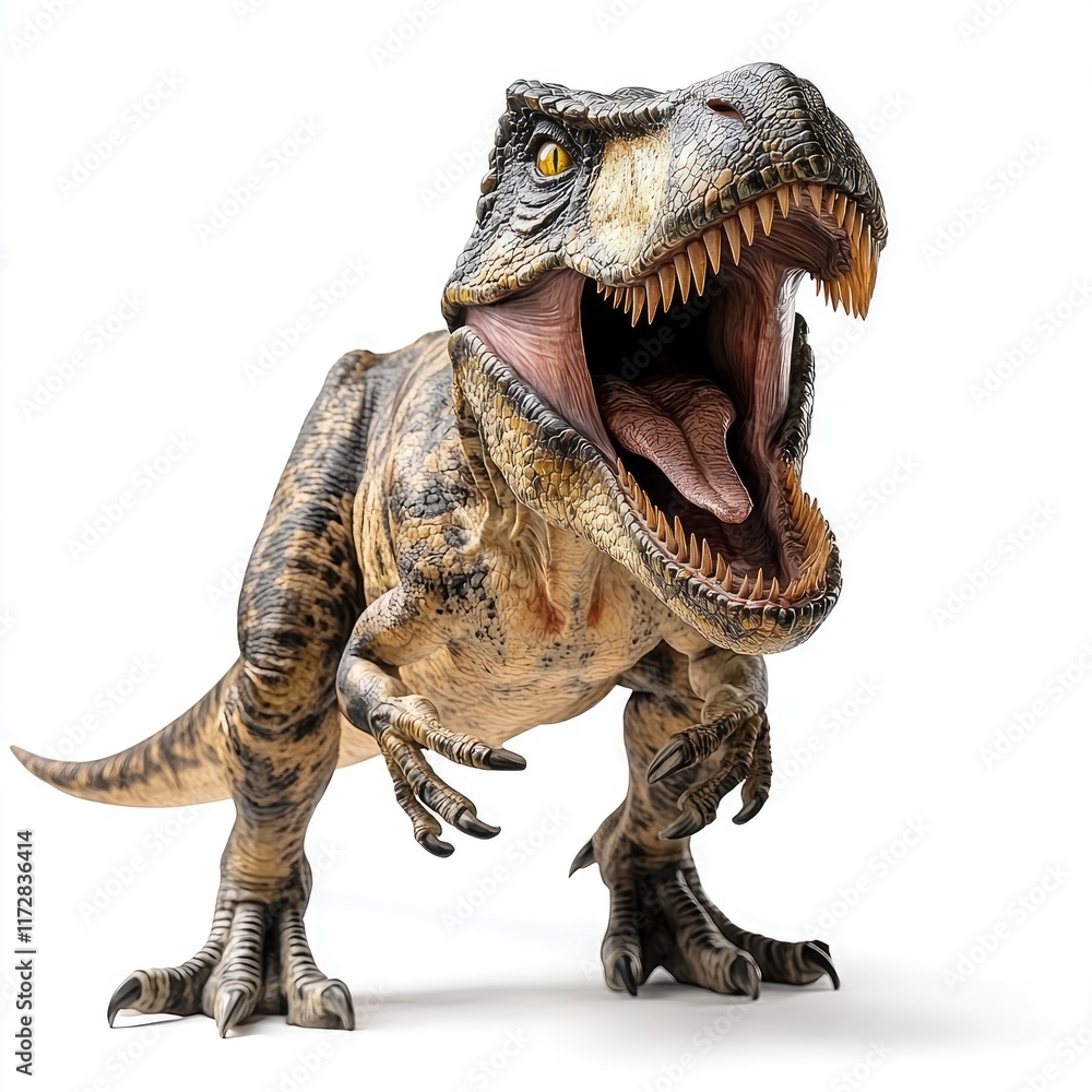 Naklejka premium A roaring dinosaur model, showcasing its fierce appearance and detailed features.
