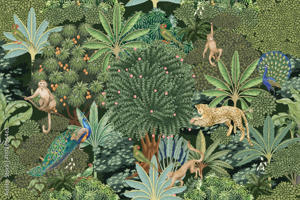 custom made wallpaper toronto digitalTropical mughal forest garden with cheetah, monkey, peacock, parrot, bird seamless pattern illustration for wallpaper