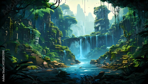 Emerald Depths of the Forgotten World: Ancient Jungle Ruins, Lost City of the Falls, Unveiled in a Lush Tropical Paradise, Where Mystery and Adventure Await