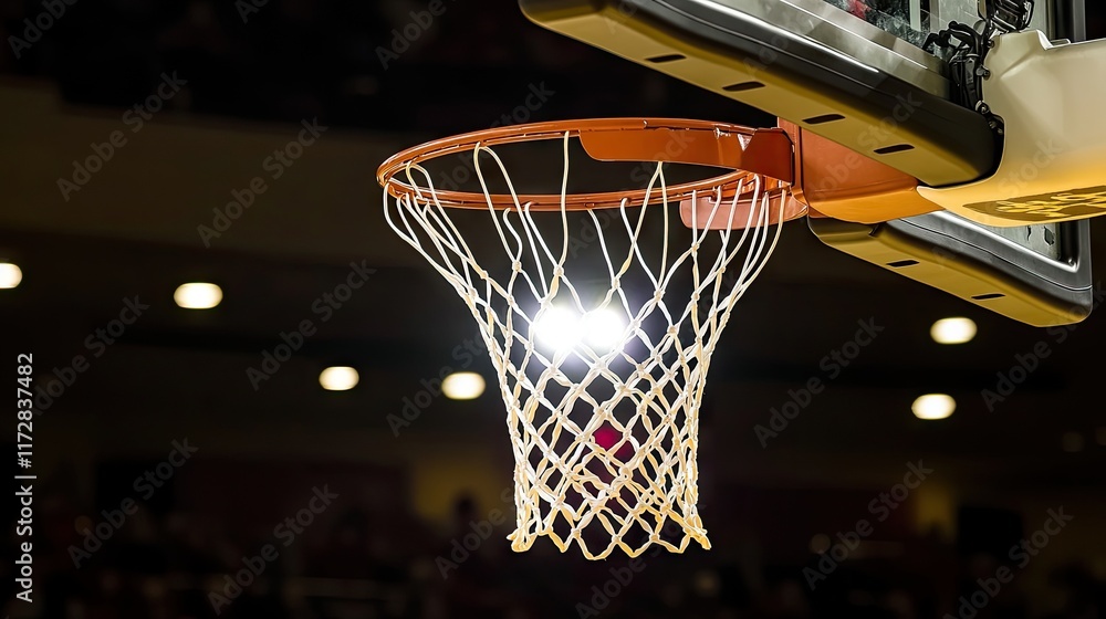 A close-up view of a basketball hoop, highlighting the net and backboard in a sports arena. A close-up view of a basketball hoop, highlighting the net and backboard in a sports arena.