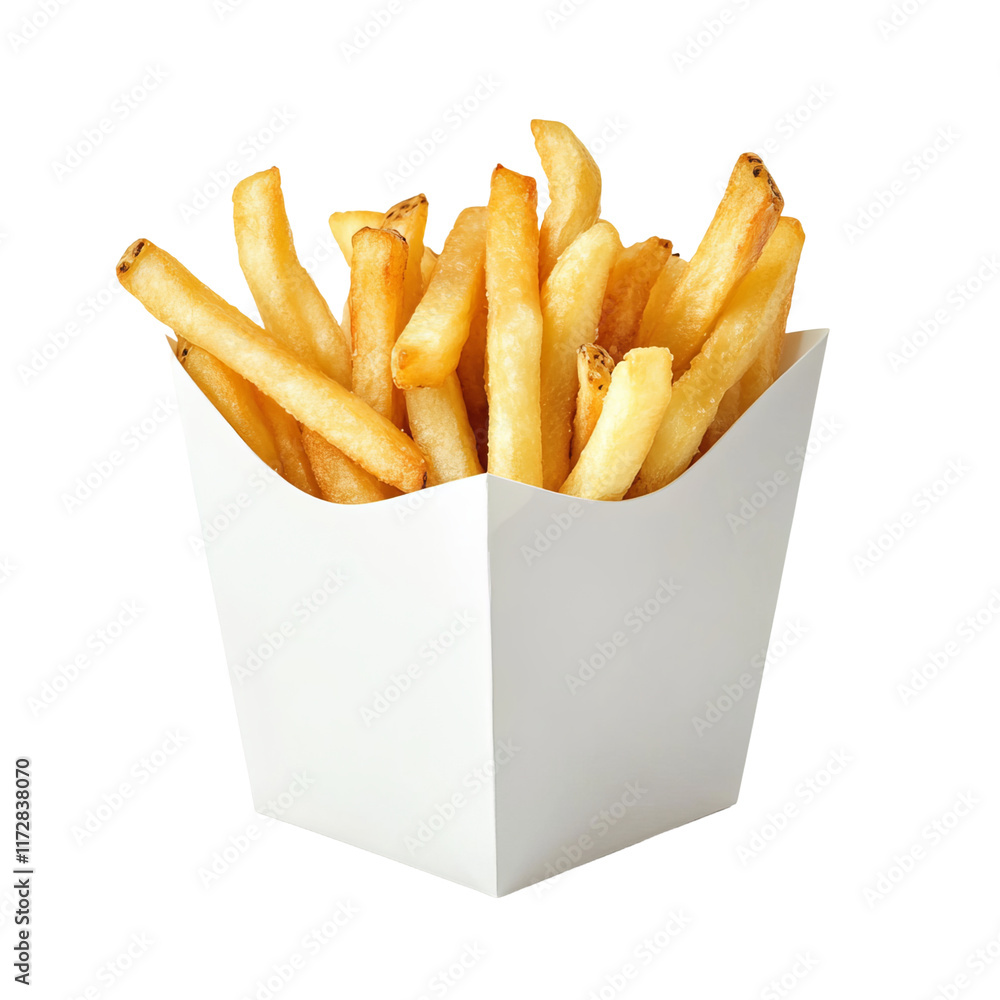 Golden Fries Temptation: A close-up shot of crispy golden fries spilling out of a classic white takeaway container, perfectly capturing the irresistible allure of this beloved snack.