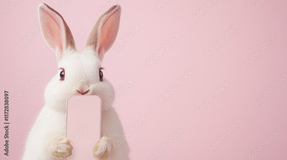 Fototapeta premium White Rabbit Holding a Pink Smartphone on Soft Pink Background