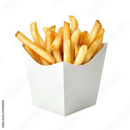 Obraz na płótnie Golden Fries Temptation: A close-up shot of crispy golden fries spilling out of a classic white takeaway container, perfectly capturing the irresistible allure of this beloved snack. w salonie