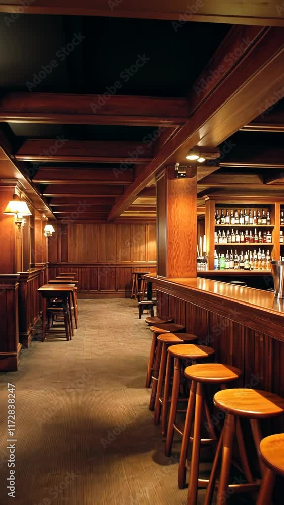 Cozy interior of a dimly lit bar with wooden accents and shelves lined with bottles Cozy interior of a dimly lit bar with wooden accents and shelves lined with bottles