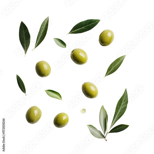 fresh green olives and olive leaves scattered isolated on a white background