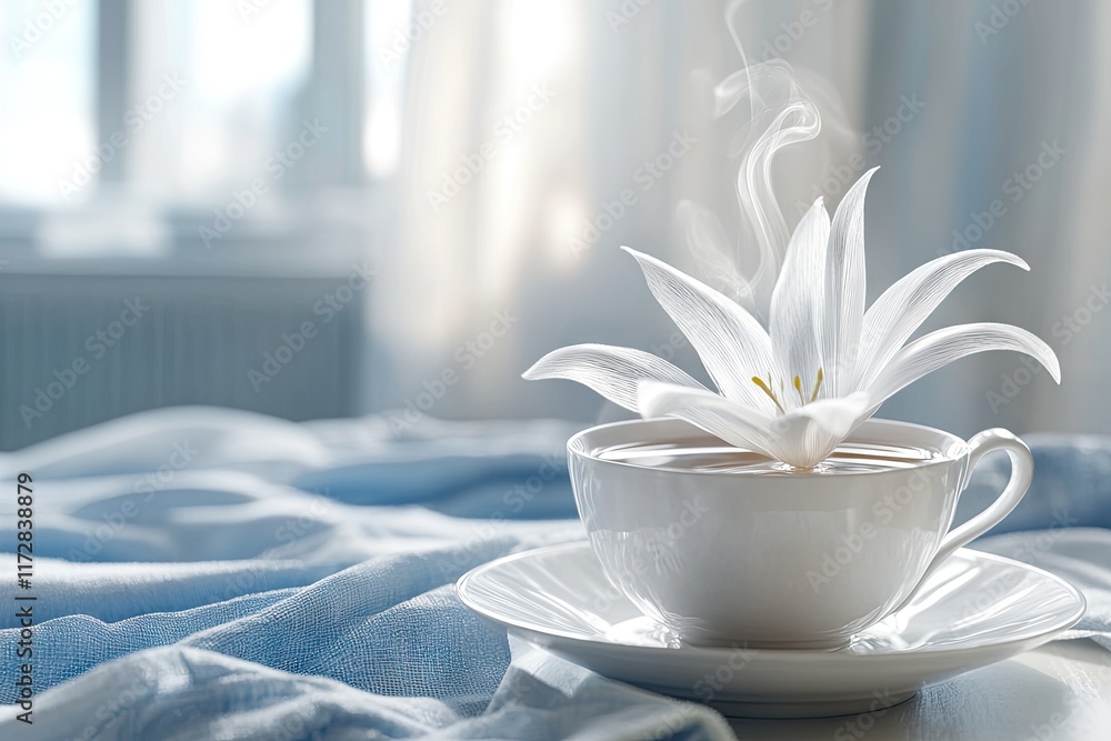 A serene cup of tea with a blooming lily, evoking calm and tranquility. A serene cup of tea with a blooming lily, evoking calm and tranquility.