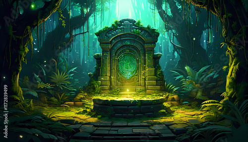 Emerald statue in ancient temple; Fantasy art photo